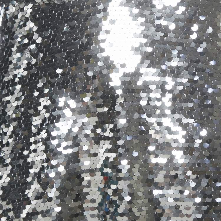 Pre Owned Self-Portrait Silver Sequin Twist Neck Detail Midi Dress M