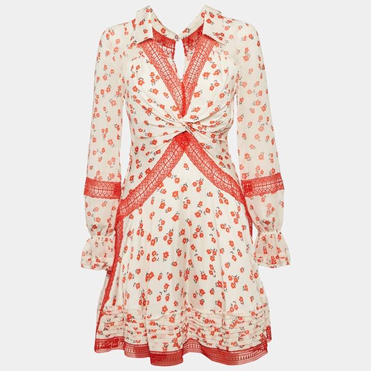Pre Owned Self-Portrait White Floral Print Chiffon Lace Inserts Mini Dress S