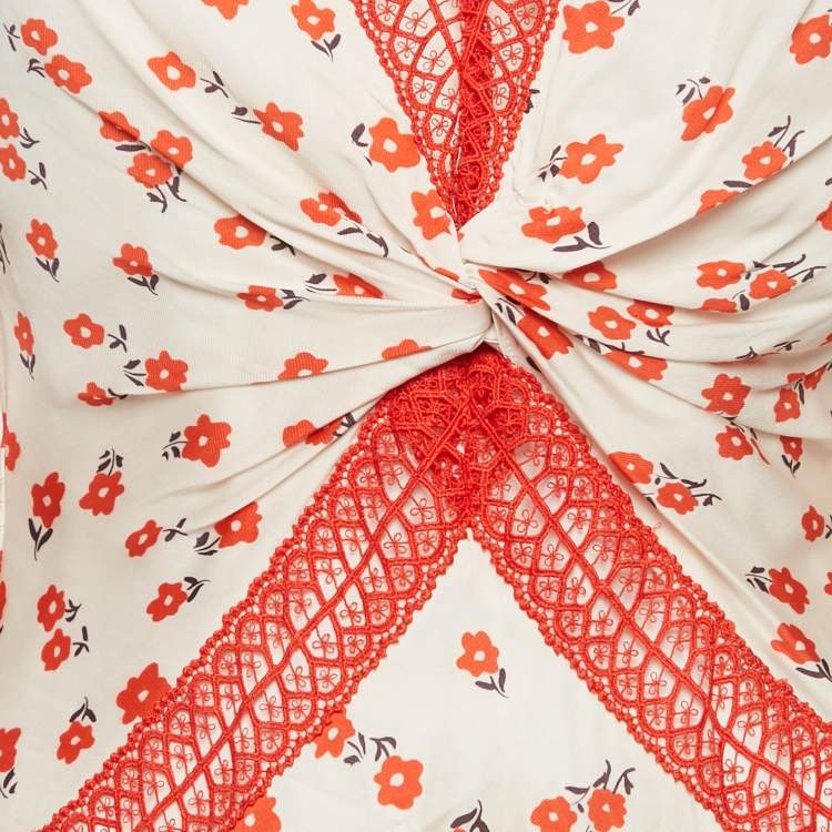 Pre Owned Self-Portrait White Floral Print Chiffon Lace Inserts Mini Dress S