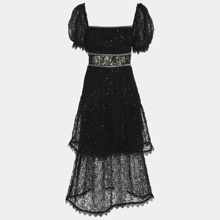 Pre Owned Self Portrait Black Sequin Circle Lace Midi Dress M