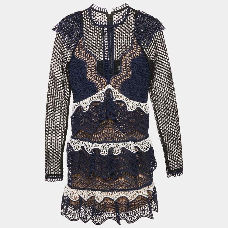 Pre Owned Self-Portrait Navy Blue Lace Tiered Mini Dress S
