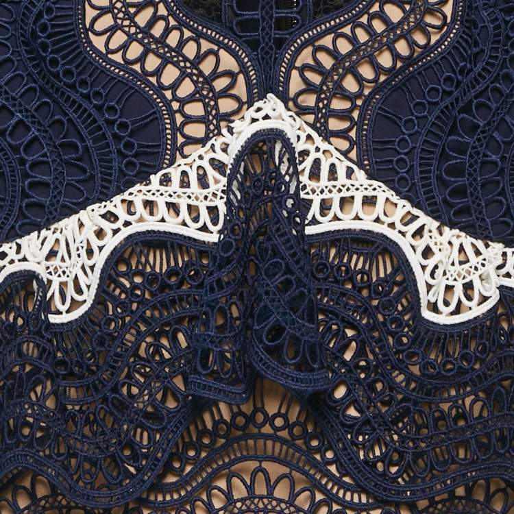 Pre Owned Self-Portrait Navy Blue Lace Tiered Mini Dress S