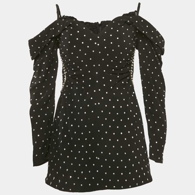 Pre Owned Self-Portrait Black Crepe Embellished Off-Shoulder Diamante Dress M