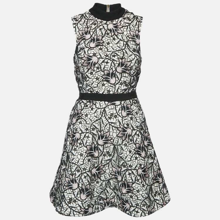 Pre Owned Self-Portrait White/Black Floral Lace Mini Dress S