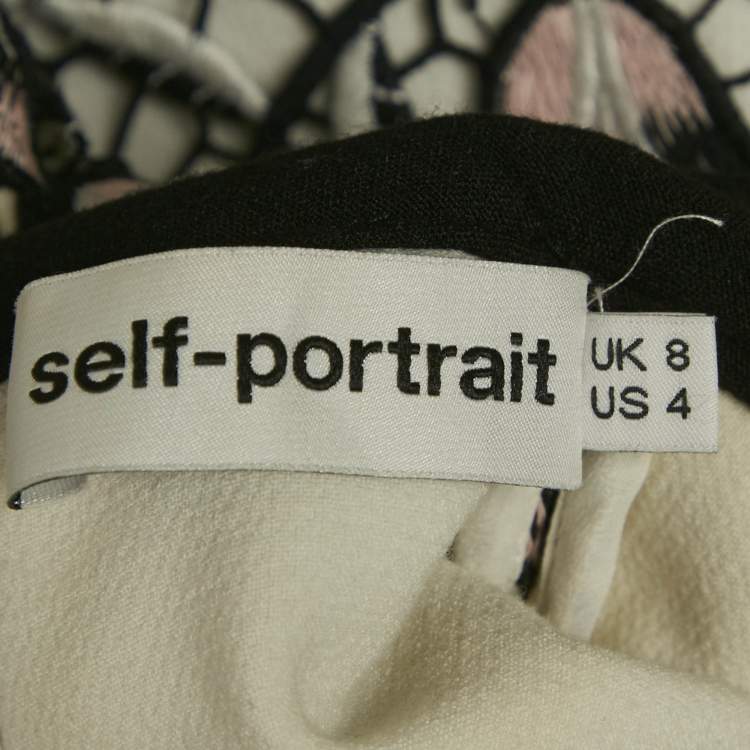 Pre Owned Self-Portrait White/Black Floral Lace Mini Dress S