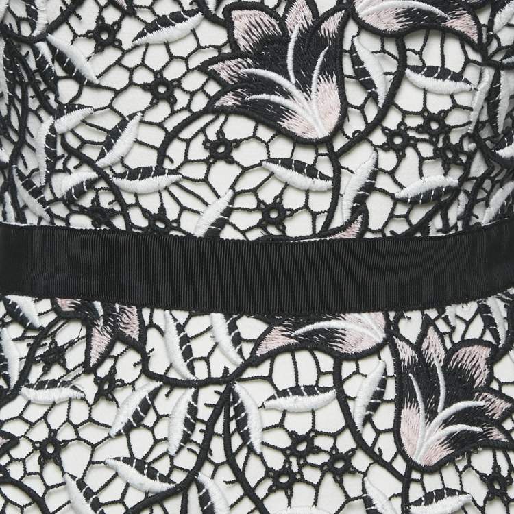 Pre Owned Self-Portrait White/Black Floral Lace Mini Dress S