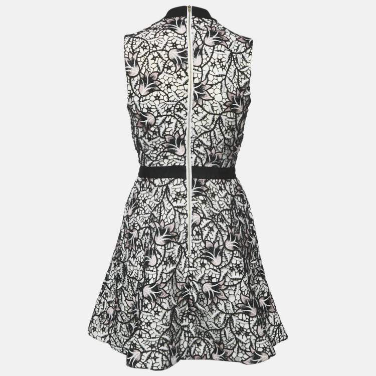 Pre Owned Self-Portrait White/Black Floral Lace Mini Dress S