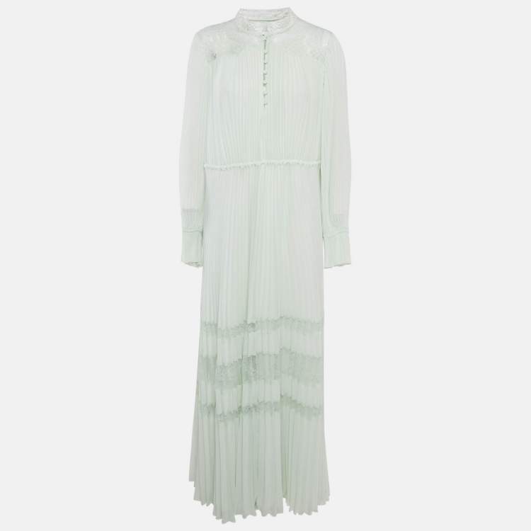 Pre Owned Self-Portrait Green Plisse Crepe Lace Trimmed Maxi Dress M
