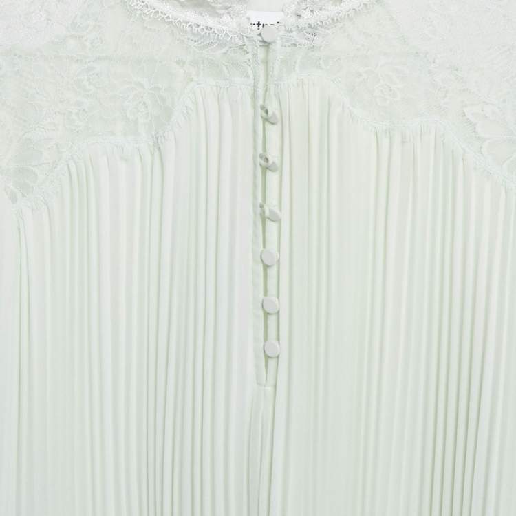 Pre Owned Self-Portrait Green Plisse Crepe Lace Trimmed Maxi Dress M