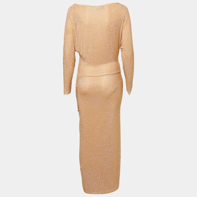 Pre Owned Self-Portrait Beige/Dust Rose Rhinestone Embellished Mesh Midi Dress S