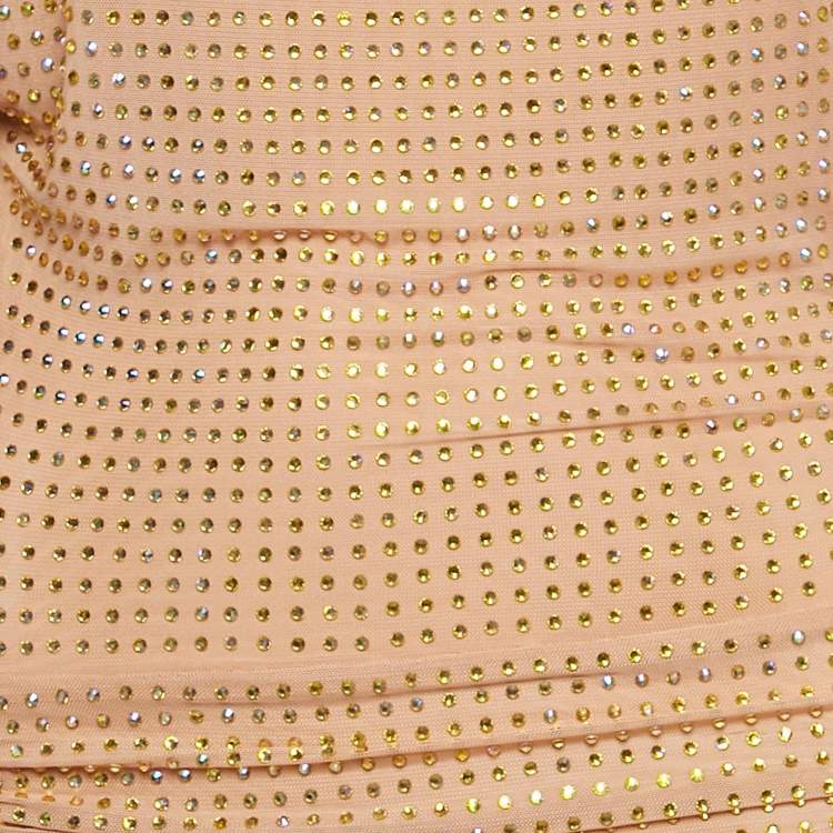 Pre Owned Self-Portrait Beige/Dust Rose Rhinestone Embellished Mesh Midi Dress S