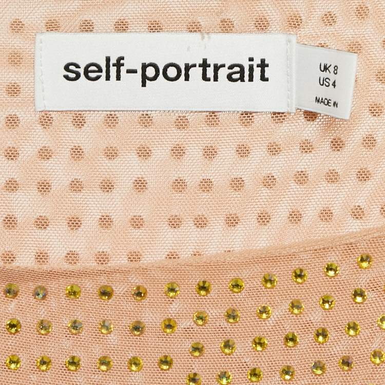 Pre Owned Self-Portrait Beige/Dust Rose Rhinestone Embellished Mesh Midi Dress S