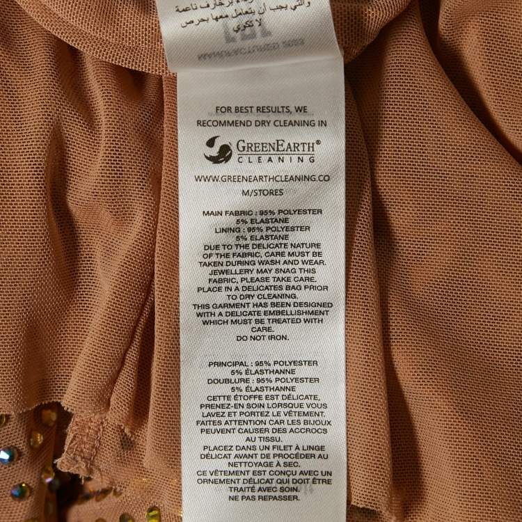 Pre Owned Self-Portrait Beige/Dust Rose Rhinestone Embellished Mesh Midi Dress S