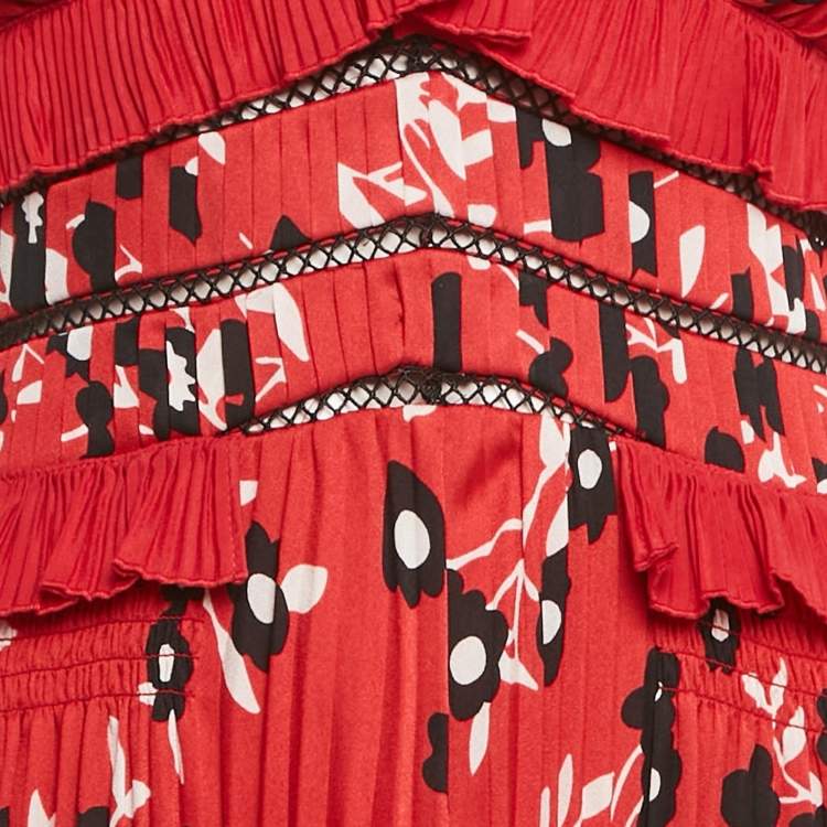 Pre Owned Self-Portrait Red Floral Print Plisse Ruffled Midi Dress S