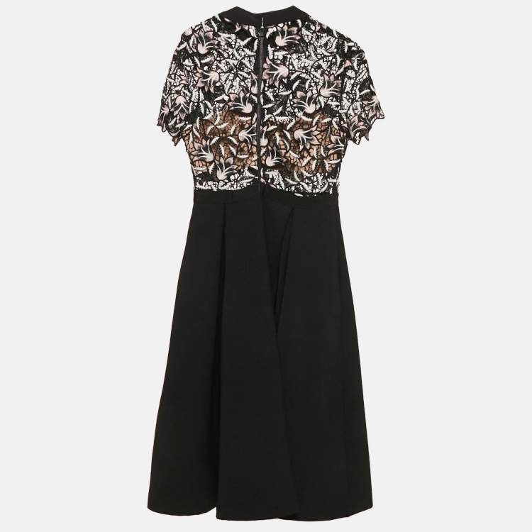 Pre Owned Self-Portrait Black Lace Trim Crepe Midi Dress M