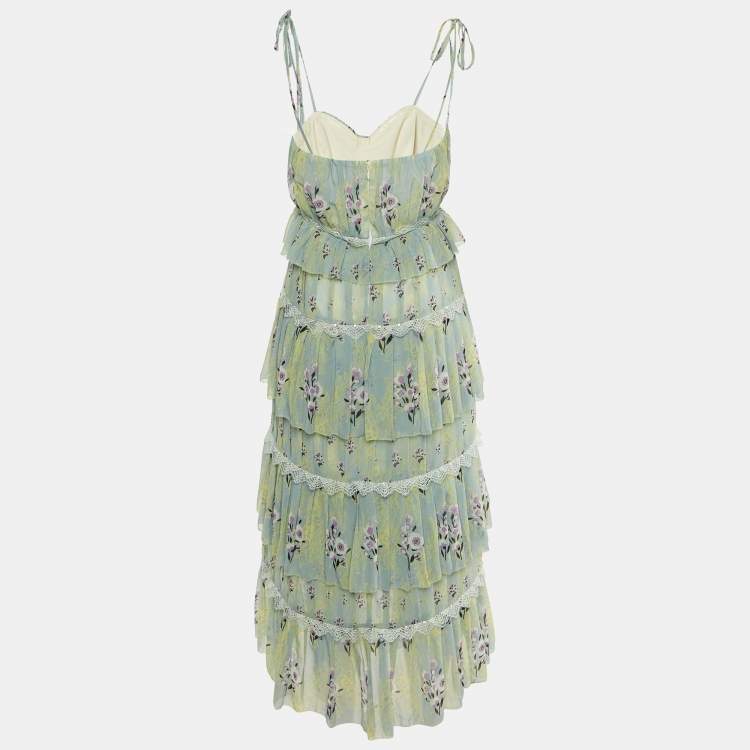 Pre Owned Self-Portrait Green Printed Chiffon Tiered Midi Dress S