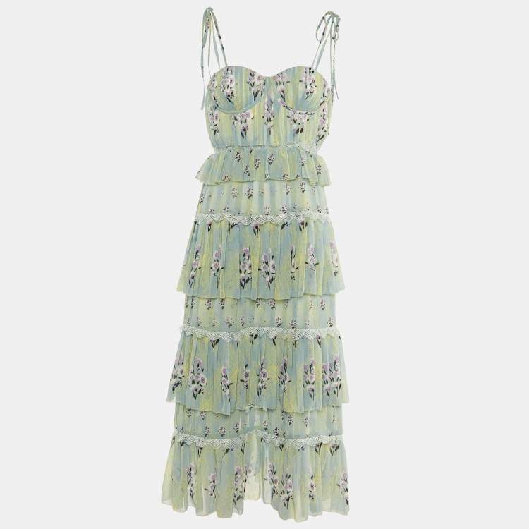 Pre Owned Self-Portrait Green Printed Chiffon Tiered Midi Dress S