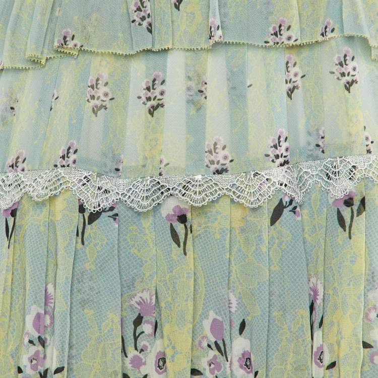 Pre Owned Self-Portrait Green Printed Chiffon Tiered Midi Dress S