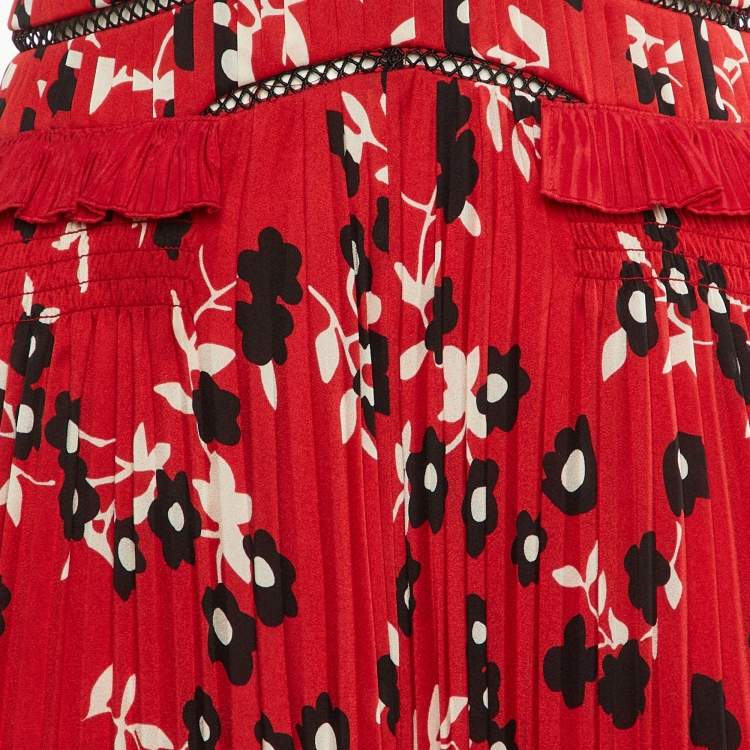 Pre Owned Self-Portrait Red Floral Print Crepe Ruffled Midi Dress S