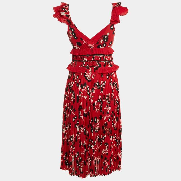 Pre Owned Self-Portrait Red Floral Print Crepe Ruffled Midi Dress S