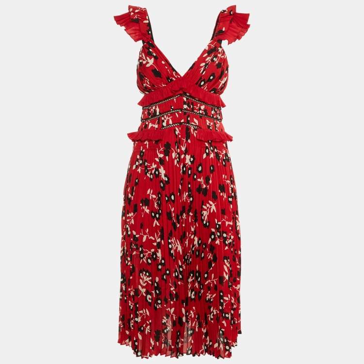 Pre Owned Self-Portrait Red Floral Print Crepe Ruffled Midi Dress S