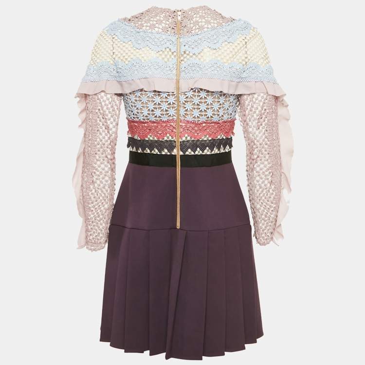 Pre Owned Self-Portrait Purple Lace and Crepe Mini Dress M