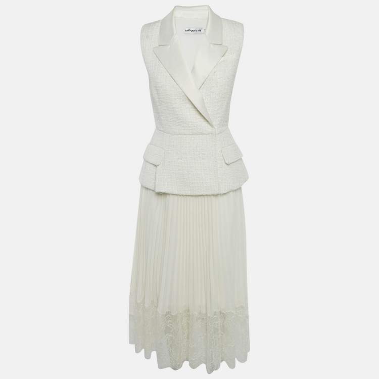 Pre Owned Self-Portrait Off White Tweed & Plisse Blazer Wrap Over Midi Dress S
