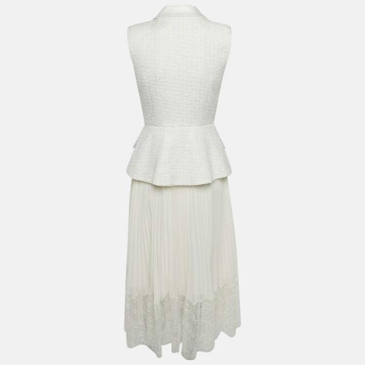 Pre Owned Self-Portrait Off White Tweed & Plisse Blazer Wrap Over Midi Dress S