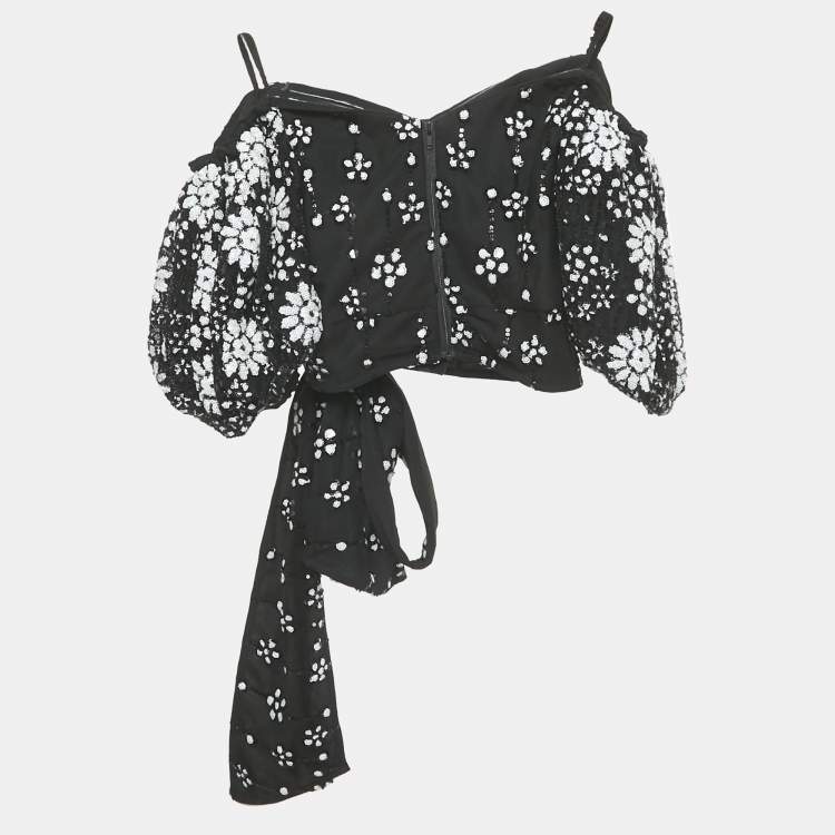 Pre Owned Self-Portrait Black Deco Sequin Mesh Puff Sleeve Top S
