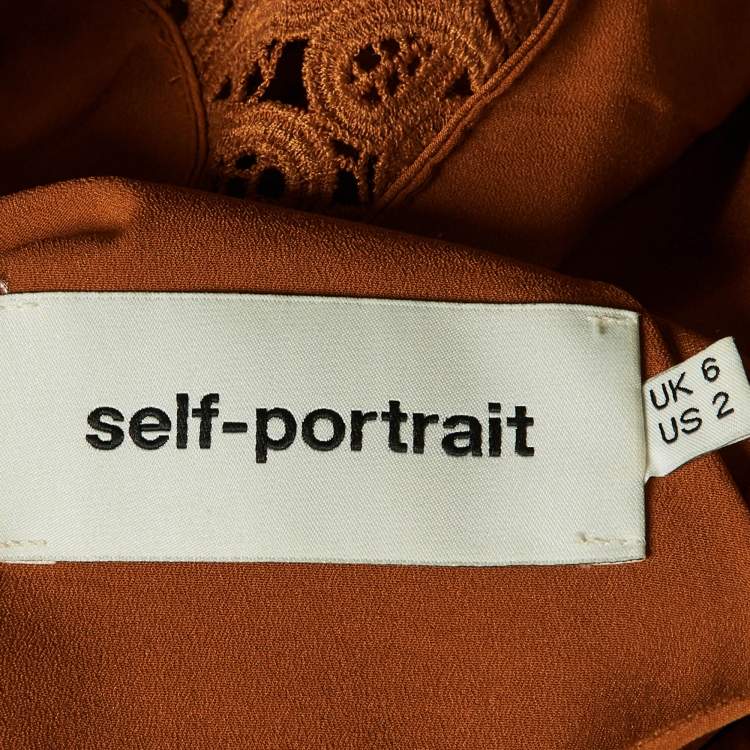 Pre Owned Self-Portrait Ochre Plisse Lace Trim Cold Shoulder Long Dress S