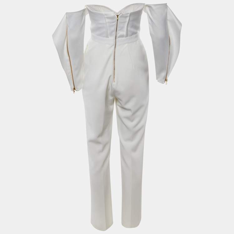 Pre Owned Self-Portrait White Satin & Crepe Off-The-Shoulder Jumpsuit M