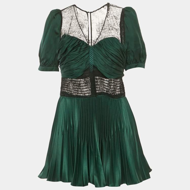 Pre Owned Self-Portrait Green Sateen Plisse Lace Detail Mini Dress M