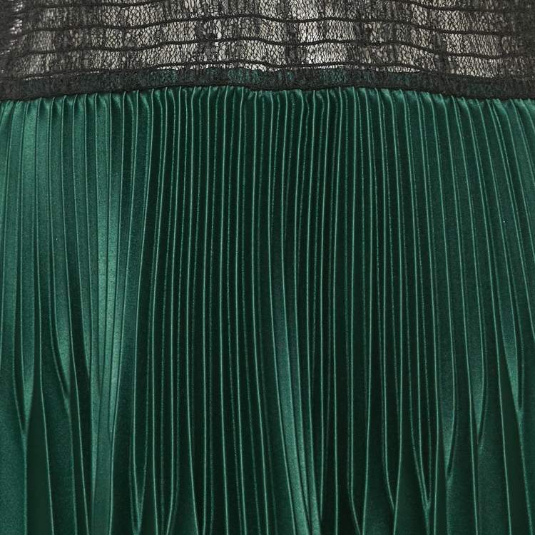 Pre Owned Self-Portrait Green Sateen Plisse Lace Detail Mini Dress M