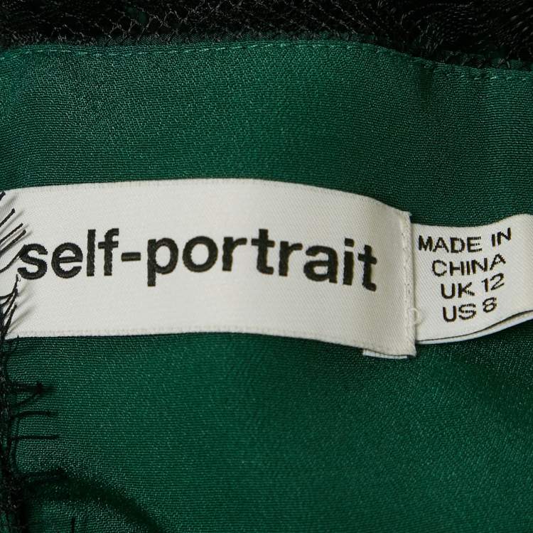 Pre Owned Self-Portrait Green Sateen Plisse Lace Detail Mini Dress M