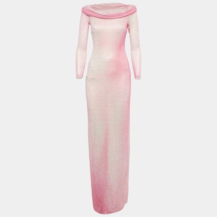 مملوكة مسبقًا Self-Portrait Pink Ombre Embellished Mesh Off -Shoulder Maxi Dress S