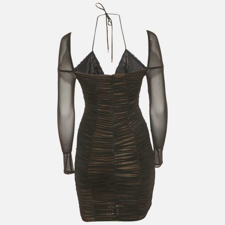 Pre Owned Self-Portrait Black Mesh Embellished Detail Ruched Mini Dress S