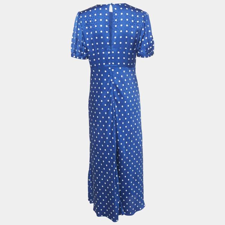 Pre Owned Self-Portrait Blue Polka Dot Satin Puff Sleeve Long Dress M