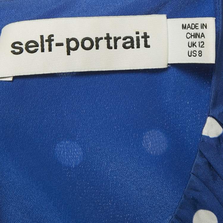 Pre Owned Self-Portrait Blue Polka Dot Satin Puff Sleeve Long Dress M
