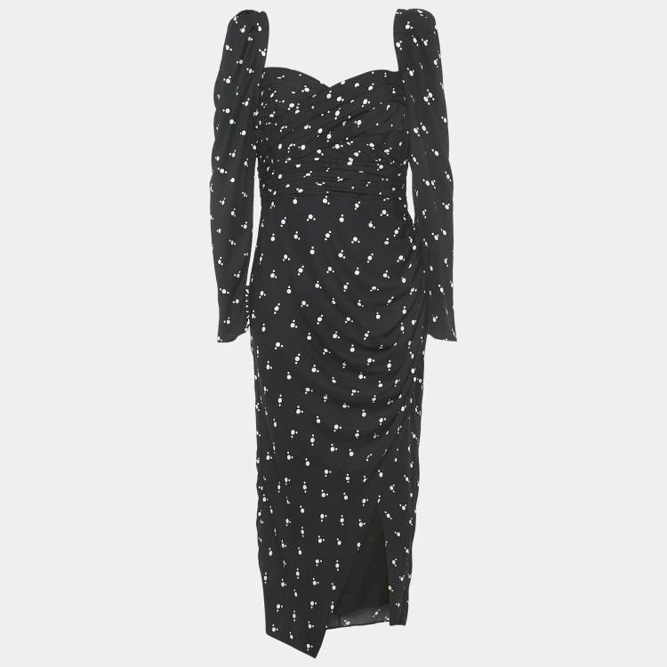 Pre Owned Self-Portrait Black Dots Print Crepe Long Sleeve Midi Dress M
