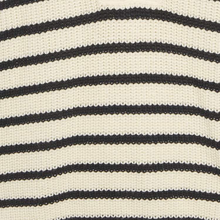 Pre Owned Self-Portrait Cream/Black Striped Rib Knit Lace-Up Neck Sweater L