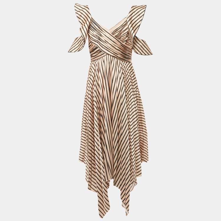 Pre Owned Self-Portrait Beige Striped Satin Asymmetric Midi Dress M