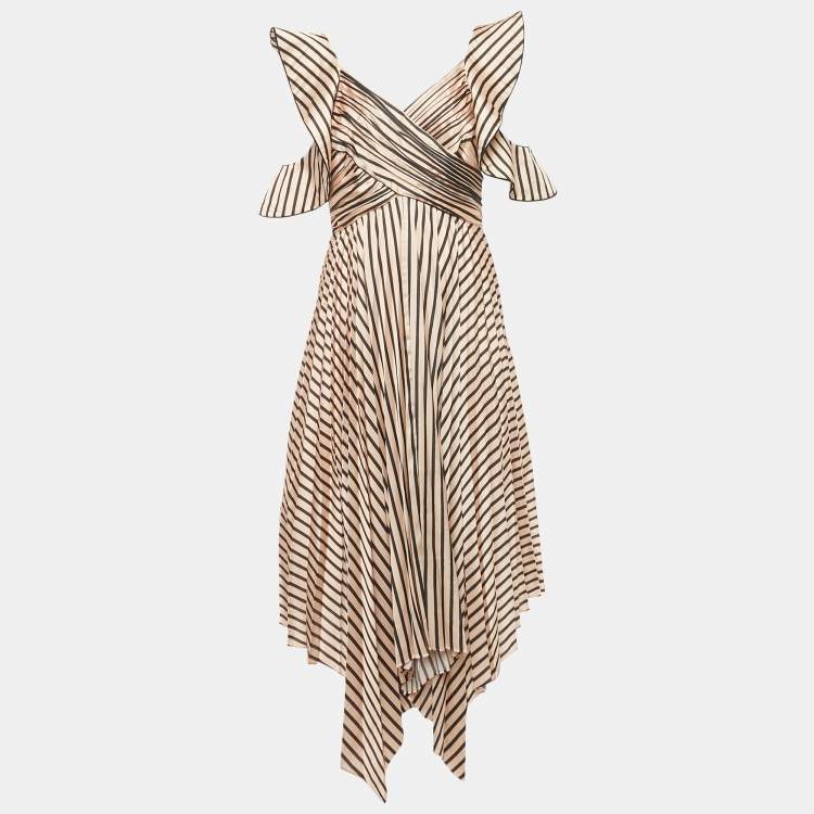 Pre Owned Self-Portrait Beige Striped Satin Asymmetric Midi Dress M