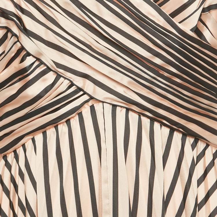 Pre Owned Self-Portrait Beige Striped Satin Asymmetric Midi Dress M