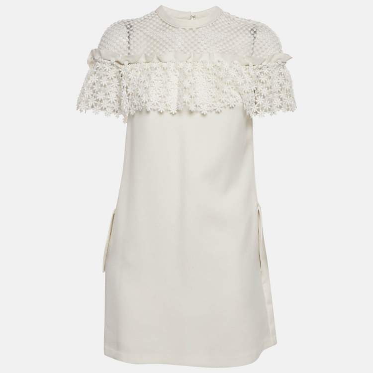 Pre Owned Self-Portrait White Knit Lace Trimmed Mini Shift Dress S