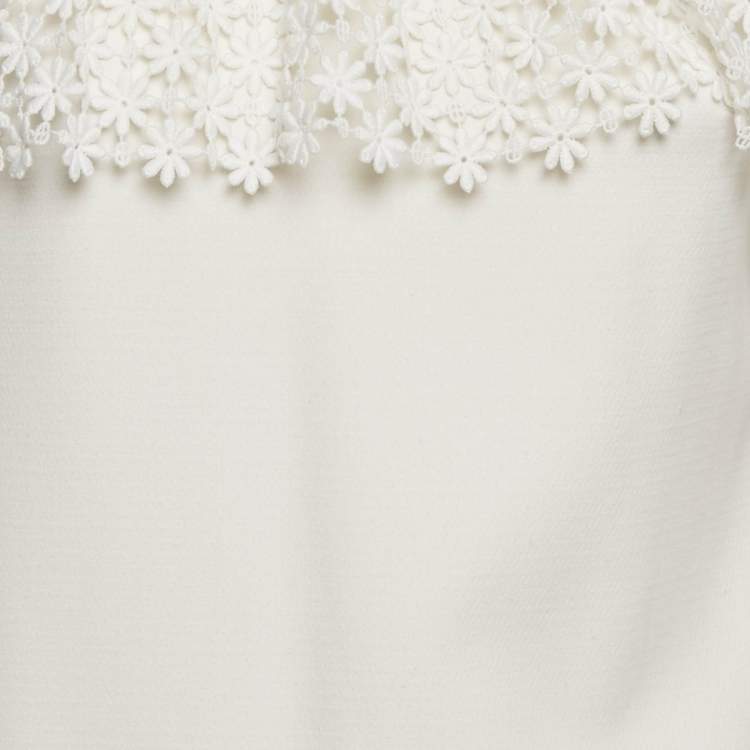 Pre Owned Self-Portrait White Knit Lace Trimmed Mini Shift Dress S