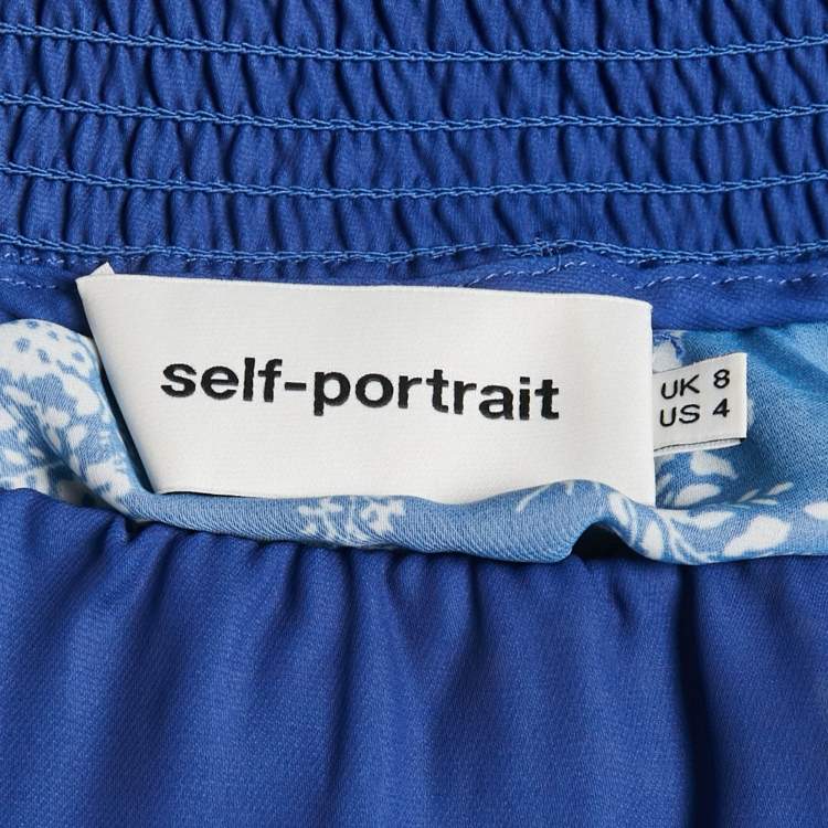 Pre Owned Self-Portrait Blue Floral Print Satin Plisse Off-Shoulder Maxi Dress S