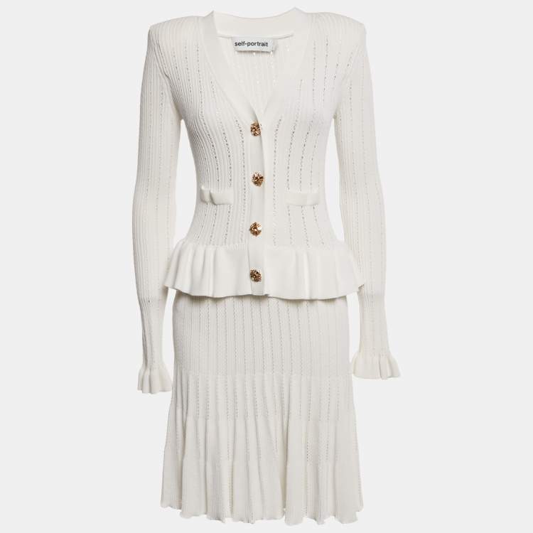 Pre Owned Self-Portrait White Rib Knit Peplum Mini Dress M