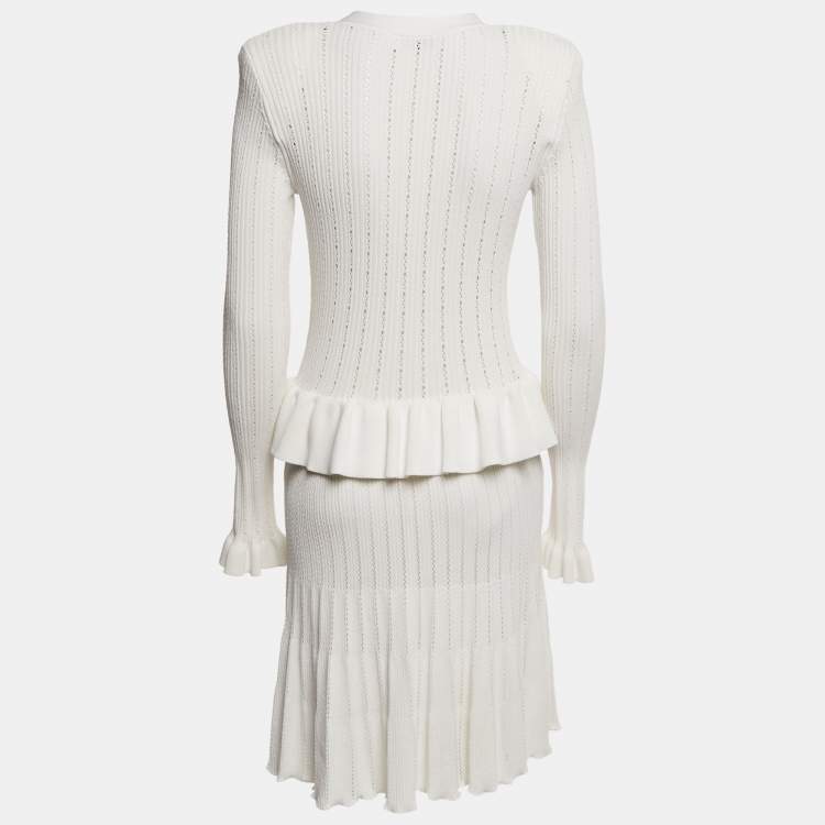 Pre Owned Self-Portrait White Rib Knit Peplum Mini Dress M
