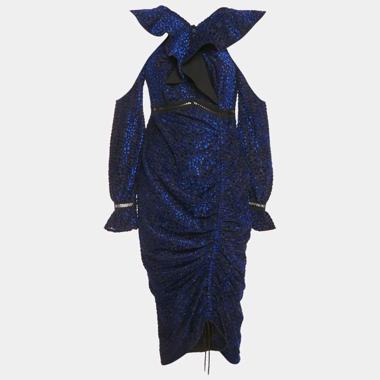 Pre Owned Self-Portrait Black & Blue Fil Coupe Jersey Cold Shoulder Midi Dress M