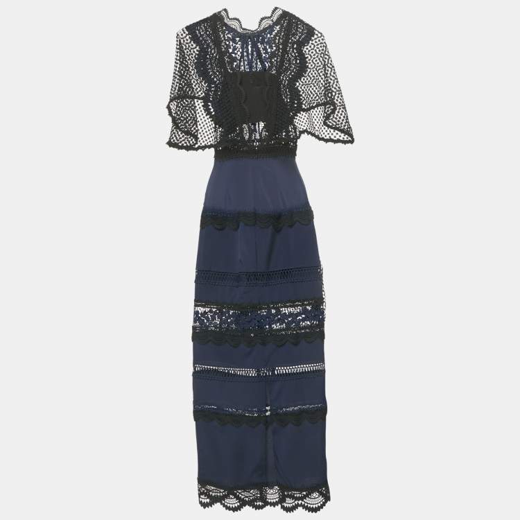 Pre Owned Self-Portrait Navy Blue Bellis Lace & Crepe Cape Sleeved Maxi Dress S 